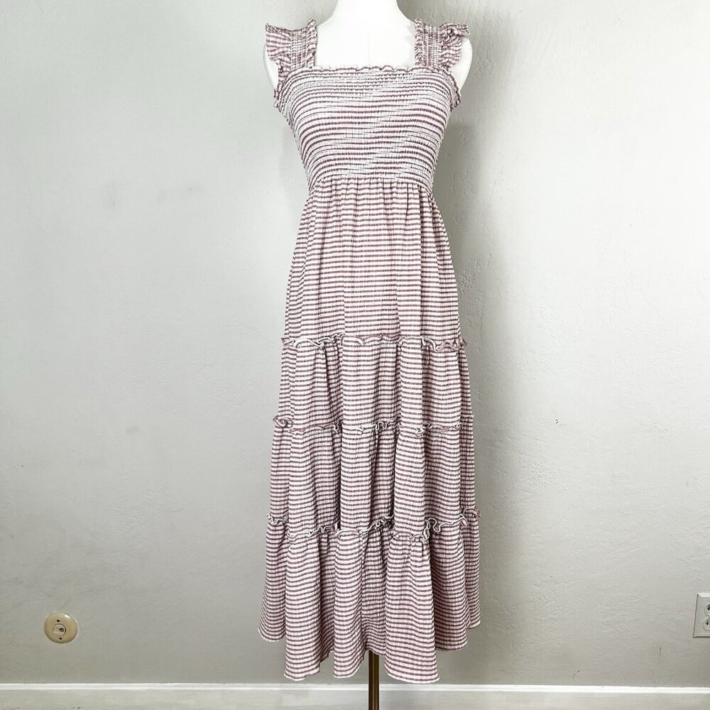 Caara Seersucker Tiered Smocked Midi Dress Cottagecore Pink Striped Size Small